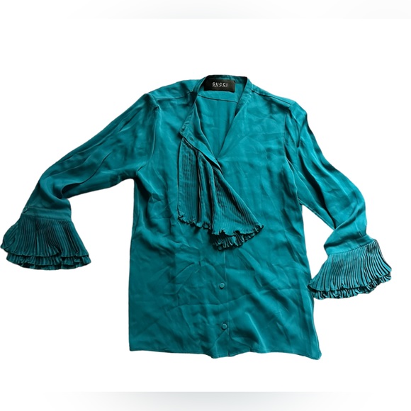NWT Gucci silk mock neck ruffle sleeve blouse sz M/L IT 44 pleated button up - Picture 5 of 12